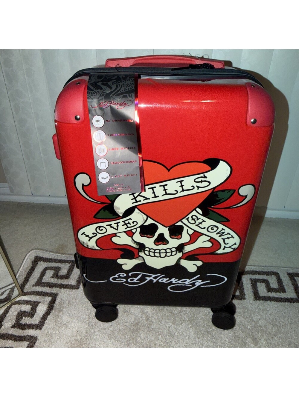 Ed Hardy Carry On Bag Suitcase Luggage Love Kills Slowly Black Red 21.6x14x9 NWT